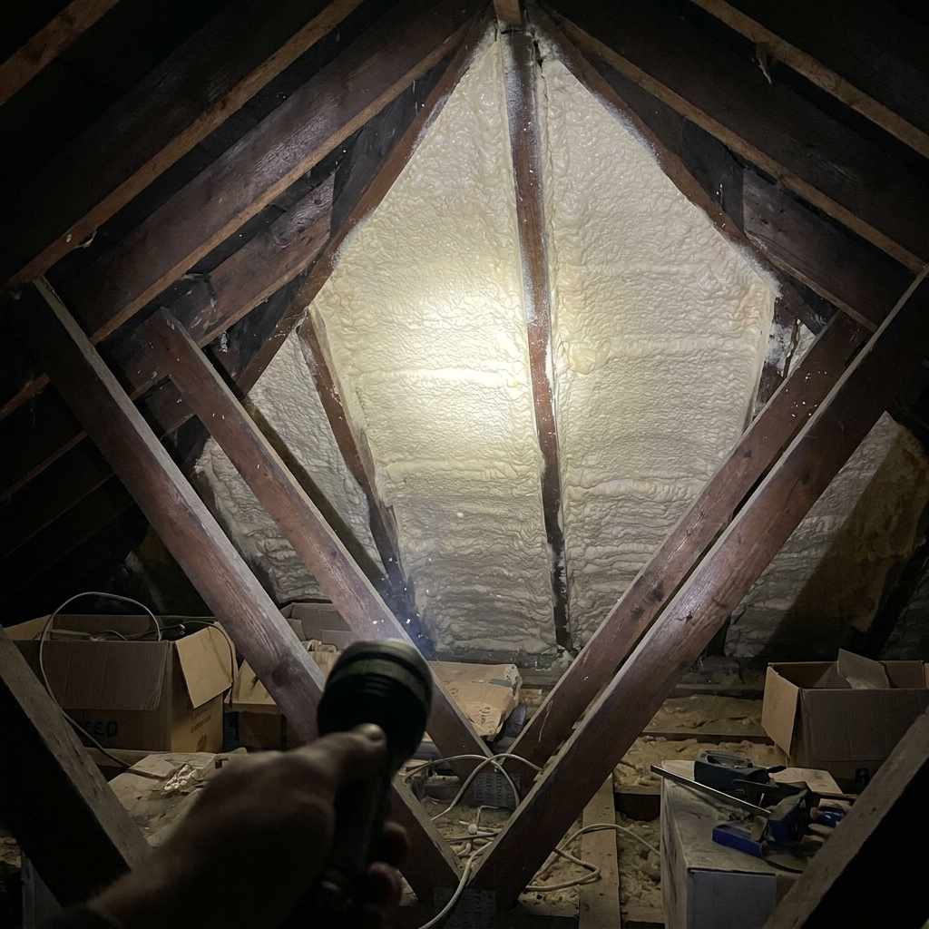 Spray foam insulation on the underside of a UK roof, being assessed for removal